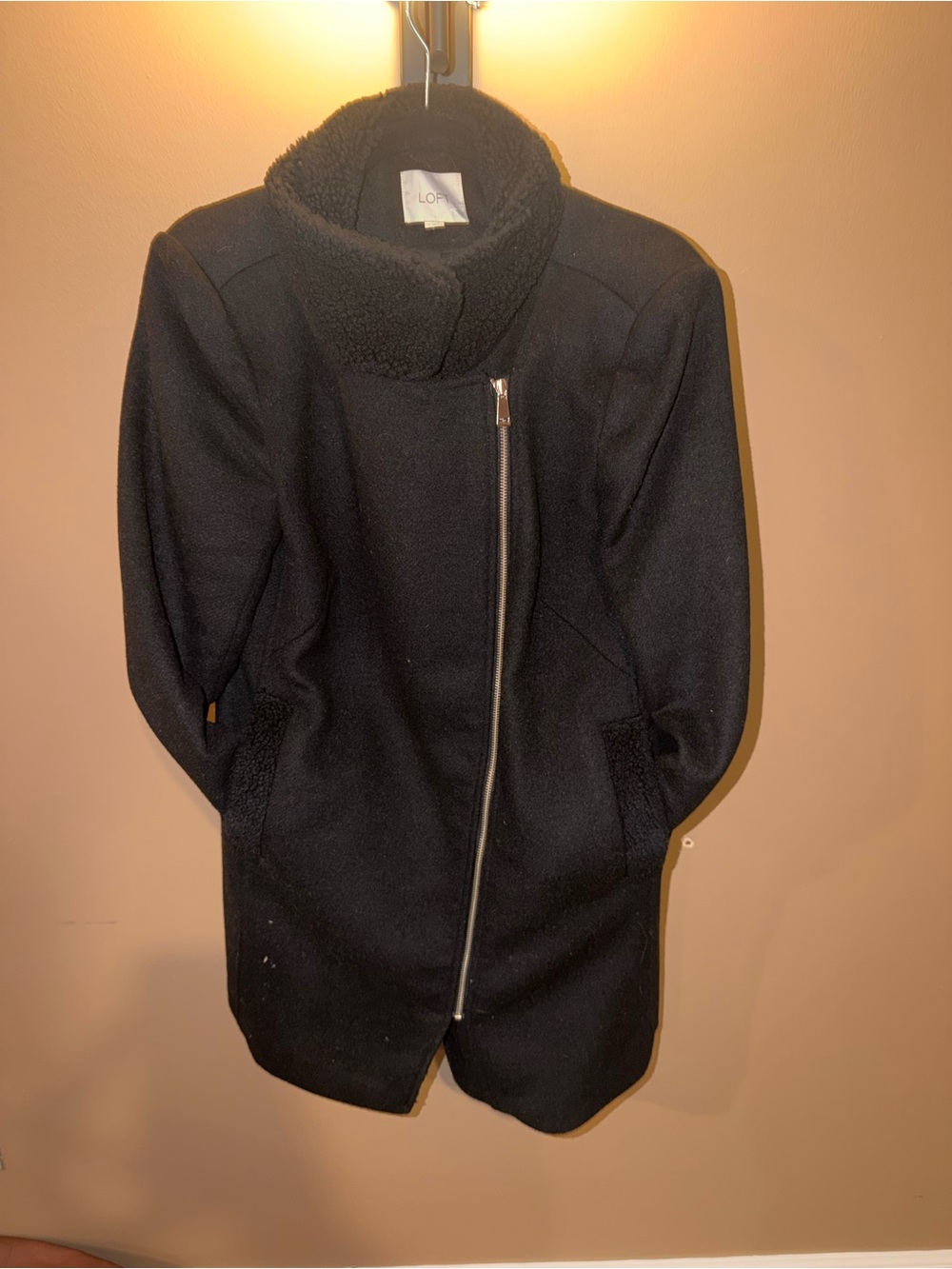 LOFT Black Asymmetrical Zip Funnel-Collar Coat